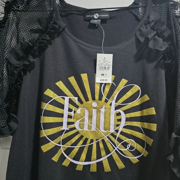 Ashley Stewart Black Tee with Gold Faith Design Size 3x $50 - Picture 1 of 6